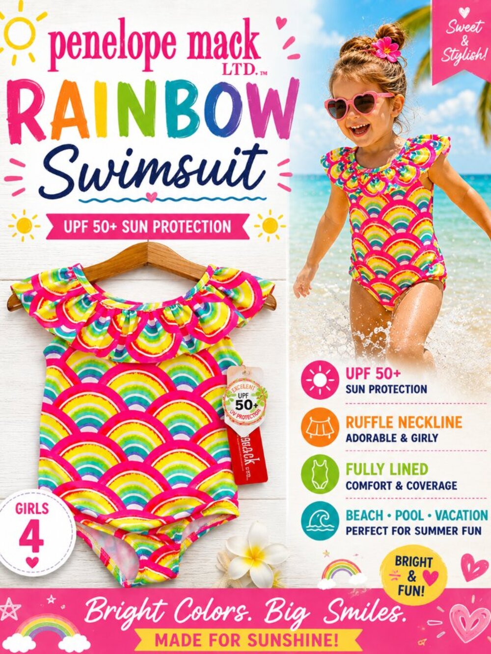 Penelope Mack Rainbow Swimsuit UPF 50+ Ruffle One Piece Girls 4